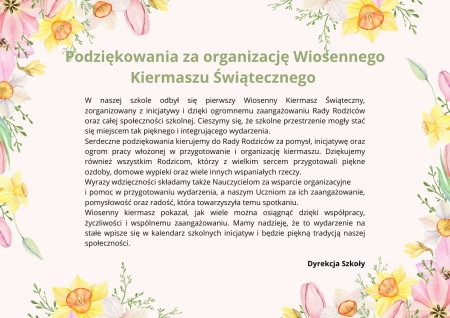 Podziękowania za organizację Wiosennego Kiermaszu Świątecznego 